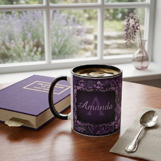 Caneca Púrpura e preto floral paisley personalizado