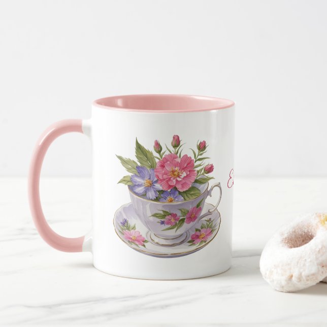 Caneca Púrpura Rosa Personalizada Flores de Tea Cup (Com Donut)