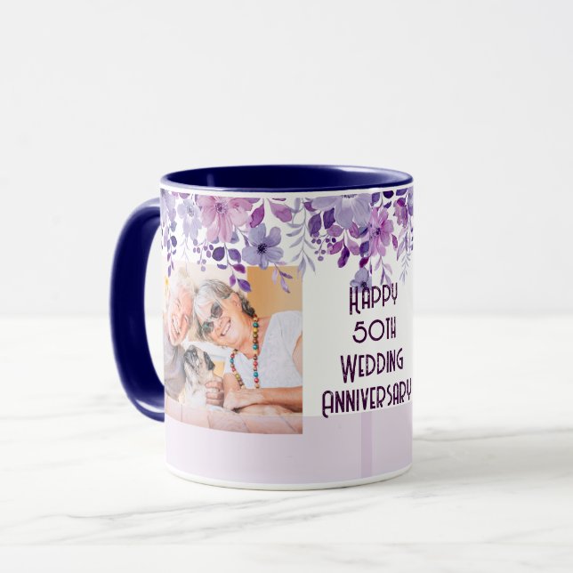CANECA QUADRO FLORAL SIMPLES 50º ANIVERSÁRIO DE CASAMENTO (Frente Esquerda)