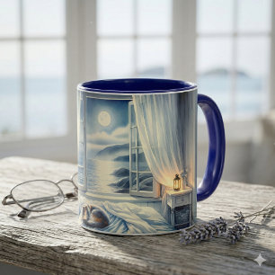 Caneca Quarto à Beira-Mar ao Luar com Gato Adormecido