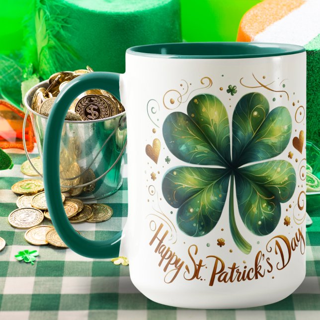 Caneca Quatro folhas de Dia de São Patrício verde e Doura (Four Leaf Clover Green and Gold St Patrick's Day Mug)