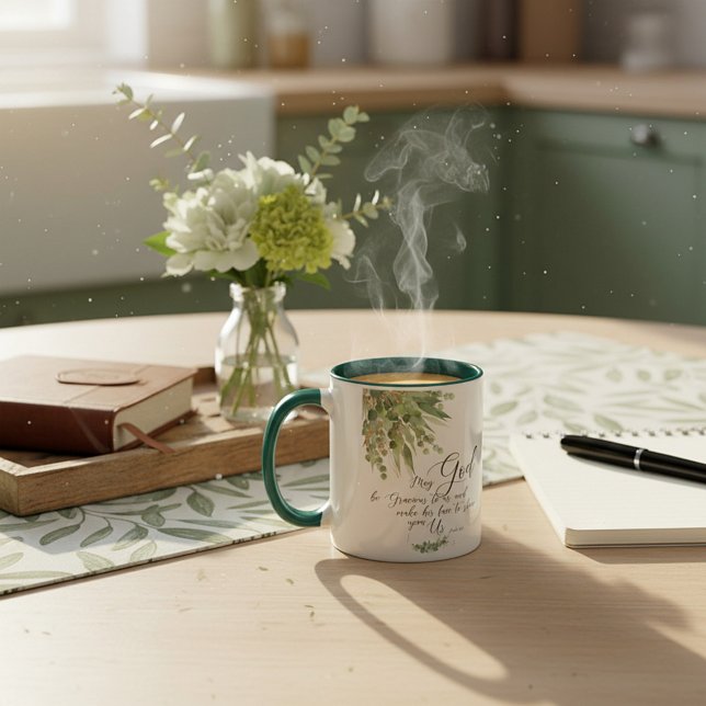 Caneca Que Deus seja gracioso, folhas verdes e douradas  (Criador carregado)