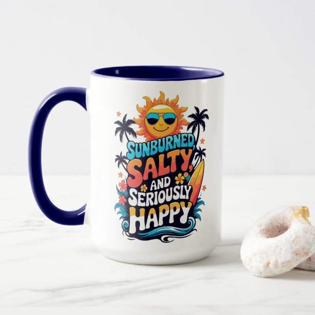 Caneca Queimado pelo Sol, Salgado e Feliz – Vibrações Ret (Com Donut)