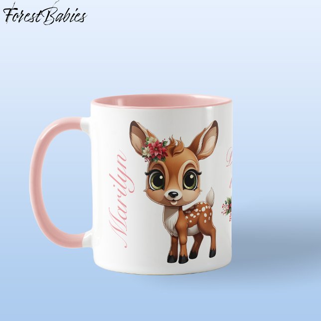 Caneca Querida Veado, Folha Floral, Doe 🦌 🎄 Adorável (Cute Baby Deer, Floral Fawn, Doe Lover 🦌 Poinsettia Flowers Pink Deer-ly Loved ForestBabies  Mug)