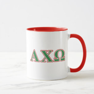 Caneca Qui letras verdes e vermelhas de Omega de Alphi