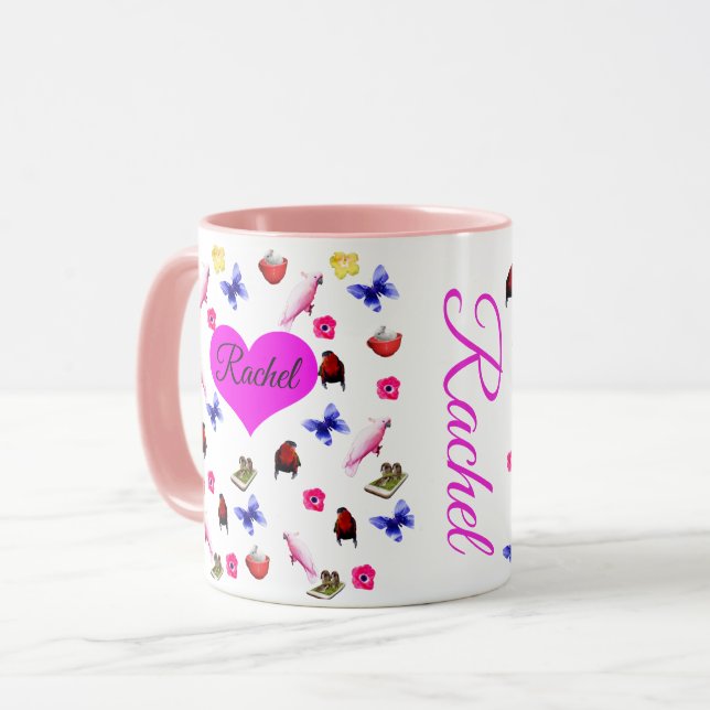 Caneca Rachel, Name, Com Bunnies, Parrots Patterno, (Frente Esquerda)