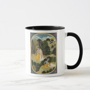 Caneca Radha e Krishna que andam em um bosque