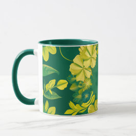 Caneca Radiação Floral: Padrão Botânico Amarelo e Verde