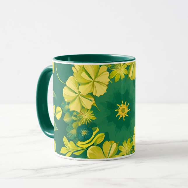 Caneca Radiação Floral: Padrão Botânico Amarelo e Verde (Frente Esquerda)