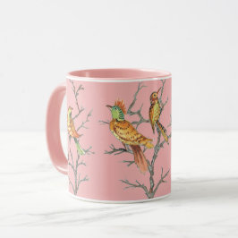 Caneca Ramais de Aves Rosa Tropicais Chinoiserie Bonito