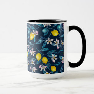 Caneca Ramos de limão com flores e fruta em azul