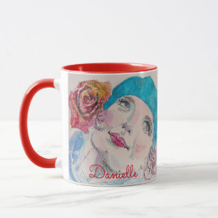 Caneca Rapariga com Rosa vermelha Beret Watercolor Floral