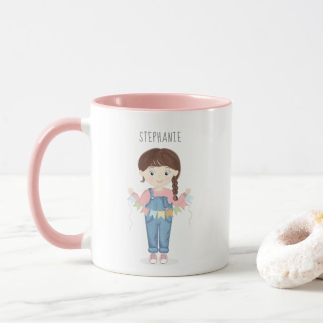 Caneca Rapariga de aniversário em Overalls Brunette (Com Donut)
