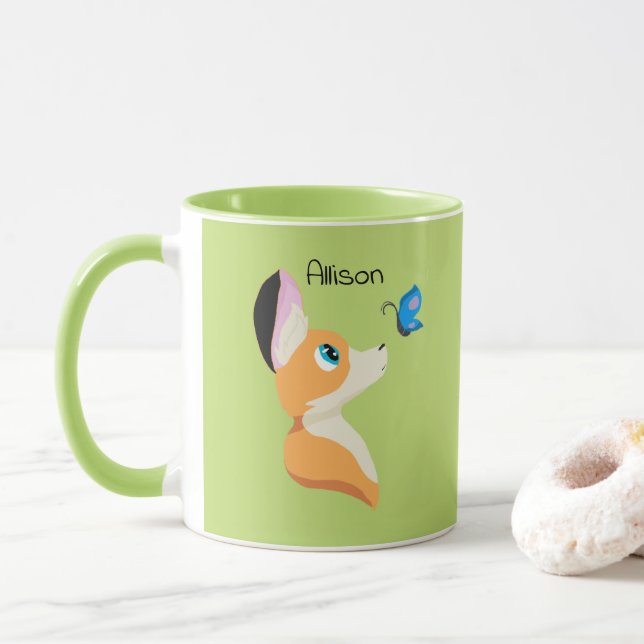 Caneca Raposa-branca com cartoon e nome da borboleta (Com Donut)