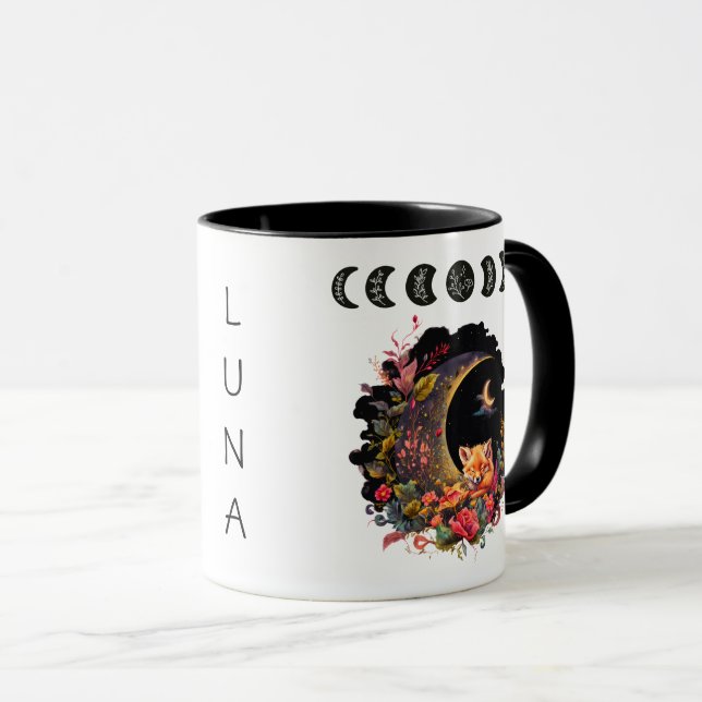 Caneca Raposa Dormindo Com Ciclo Lunar Personalizável (Frente Esquerda)
