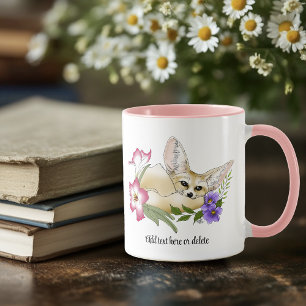 Caneca Raposa Fennec Flores Rosa Roxo Fofo Botânico Azul