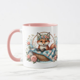 Caneca Raposa Floral em Cesta com Colcha e Flores