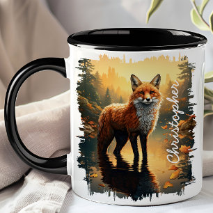 Caneca Raposa na Reflexão da Floresta de Outono