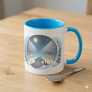 Caneca Raposas de Inverno sob o Rio Nevado ao Luar