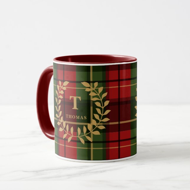 Caneca Red And Green Plaid With Monogram Wreath And Name (Frente Esquerda)