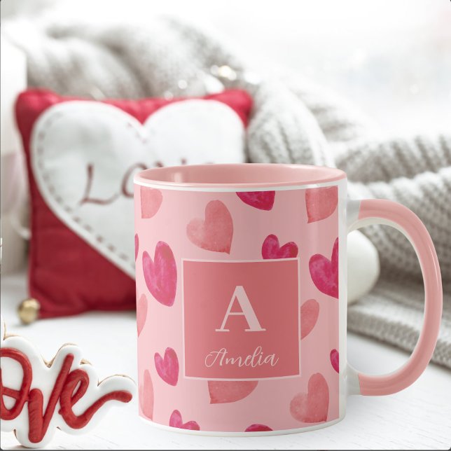 Caneca Red and Pink Heart Personalized Monogram Name (Criador carregado)