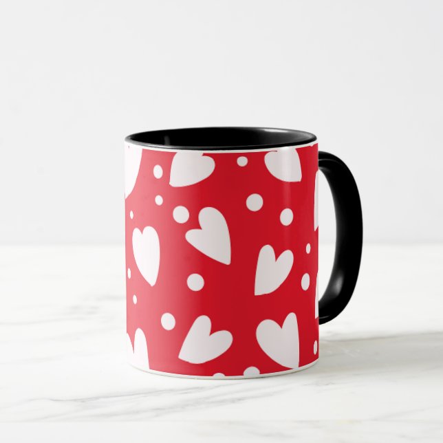 Caneca Red and White Heart Pattern | Cute Valentine Love  (Frente Esquerda)