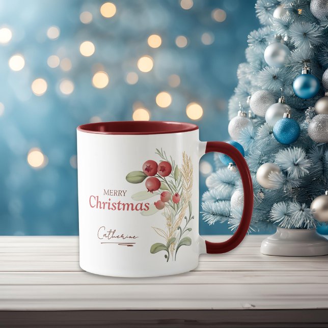 Caneca Red Berries Greenery Nome Elegante Natal (Criador carregado)