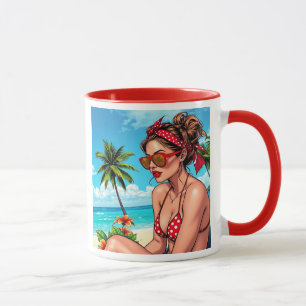 Caneca Red Bikini, óculos de sol e mulher Bandana