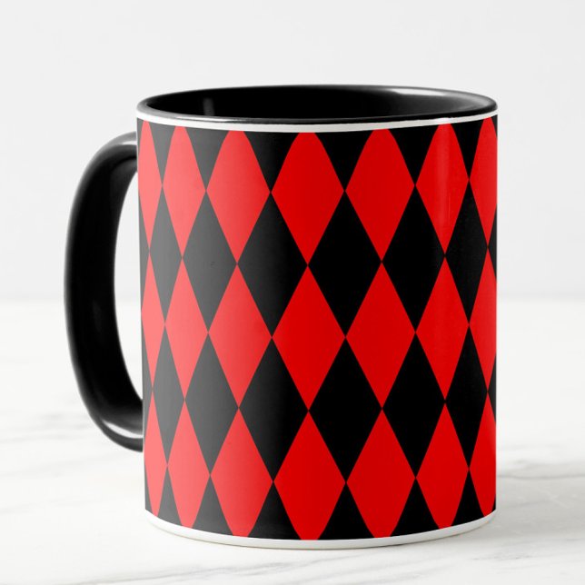 Caneca Red Black Harlequin Diamonds Checkers Design  (Criador carregado)