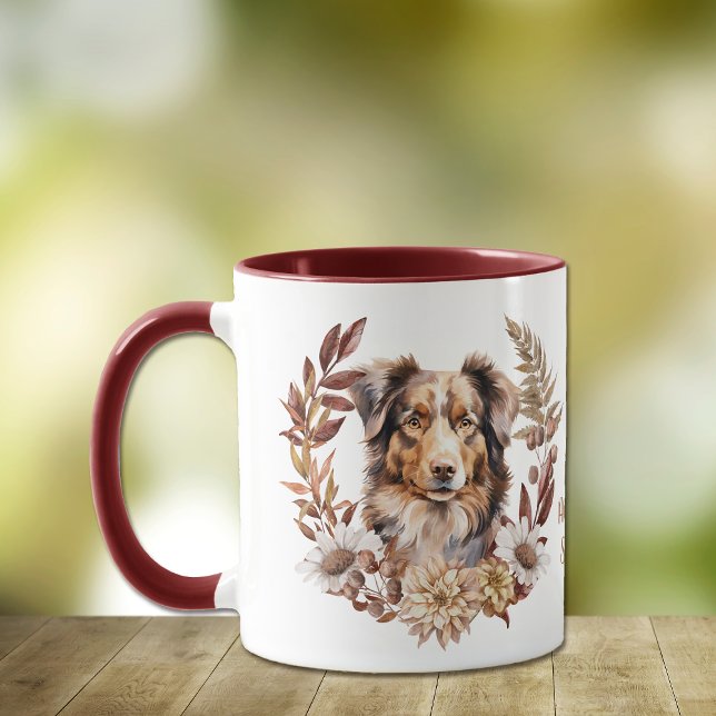 Caneca Red Brown Australian Shepherd Wreath Autumn (Criador carregado)