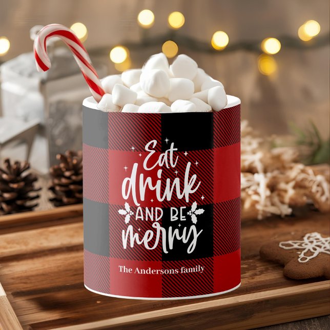 Caneca Red Buffalo Plaid “Eat, Drink & Be Merry" (Criador carregado)