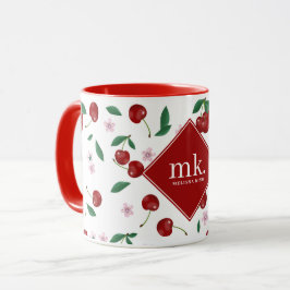 Caneca Red Cherries Greenery & Cherry Blossoms Monograma