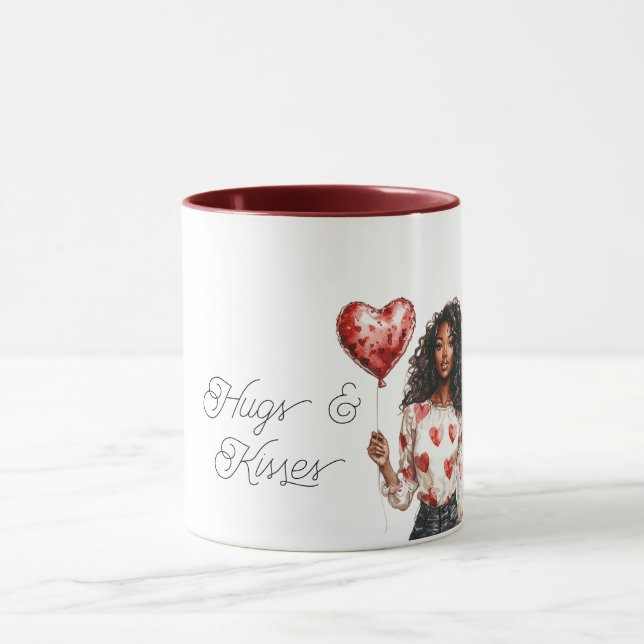 Caneca Red Heart Balloon Black Girl Valentine Hugs Kisses (Centro)