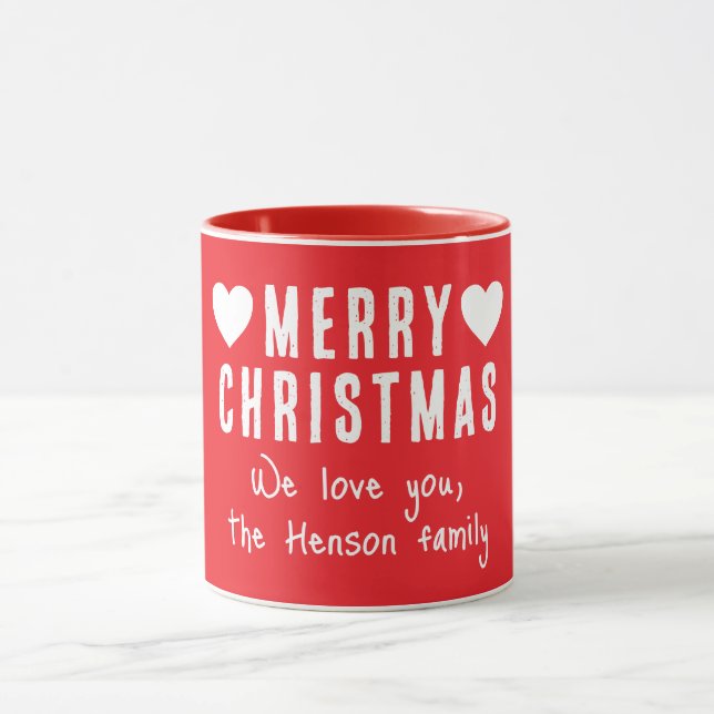 Caneca Red Hearts Felry Christmas Family Name Gift (Centro)