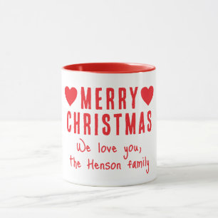 Caneca Red Hearts Felry Christmas Family Name Gift