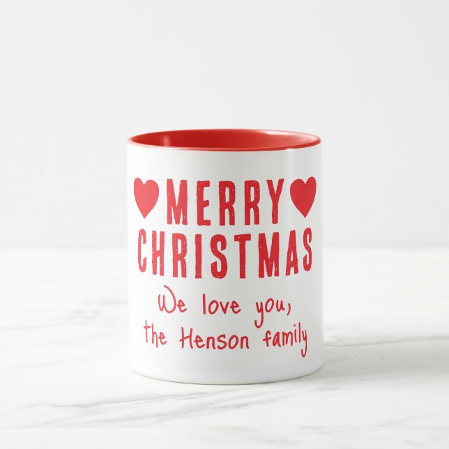 Caneca Red Hearts Felry Christmas Family Name Gift (Centro)