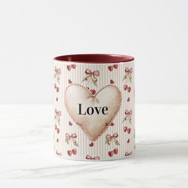 Caneca Red Hearts Stripes Cherries Bows Valentine's Day (Centro)