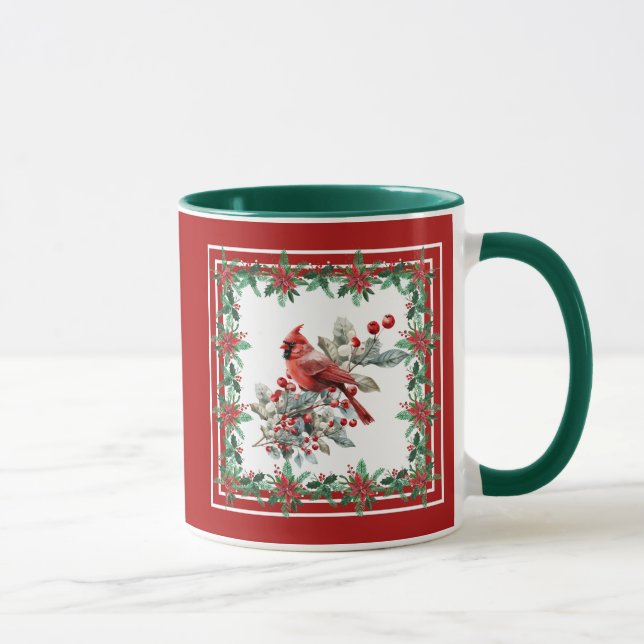Caneca Red Mockingbird Poinsettia Borders Elegante (Direita)