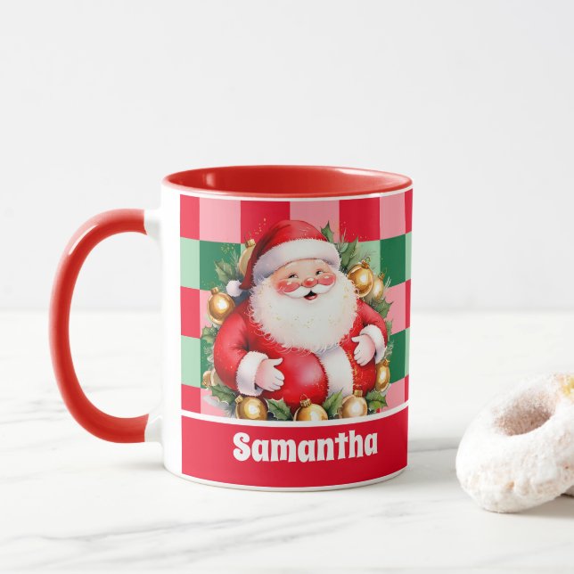 Caneca Red Retro Santa Claus Tartan Xadrez Natal (Com Donut)