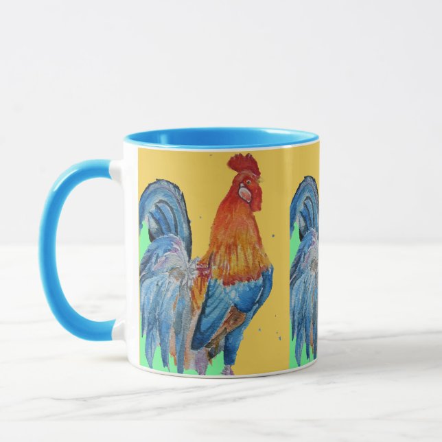 Caneca Red Rooster Watercolor Cockerel Chicken Art (Esquerda)