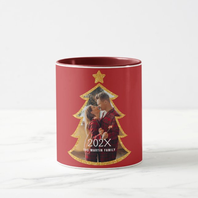 Caneca Red Shiny Christmas Tree Personalized Photo (Centro)