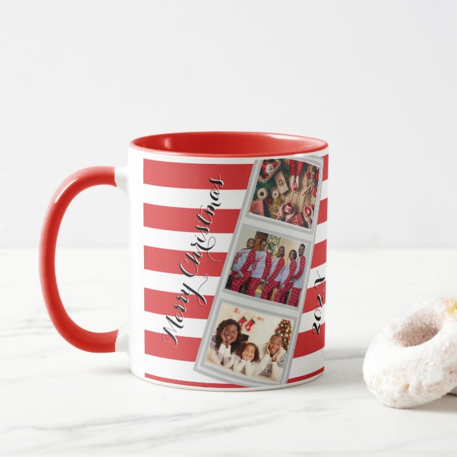 Caneca Red Stripe Christmas Photo 3 Pictures Three Photo (Com Donut)
