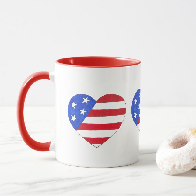 Caneca Red White Blue Patriotic American Flag Heart EUA (Com Donut)