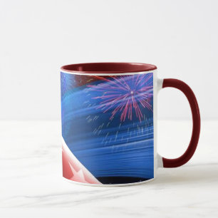 Caneca Red White Blue Stars e Fireworks Caça Cerâmica