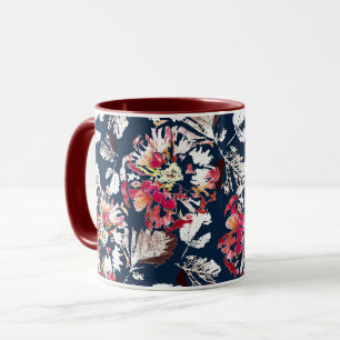 Caneca Red, white flowers on blue.