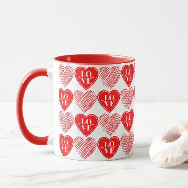 Caneca Red White Love Hearts Mug (Com Donut)