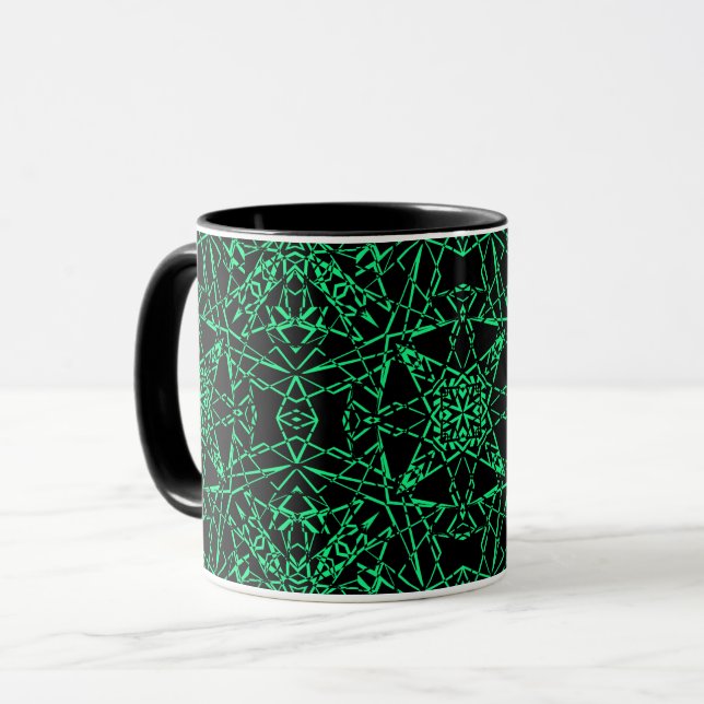 Caneca Rede de aranha abstrato preta verde-neto (Frente Esquerda)