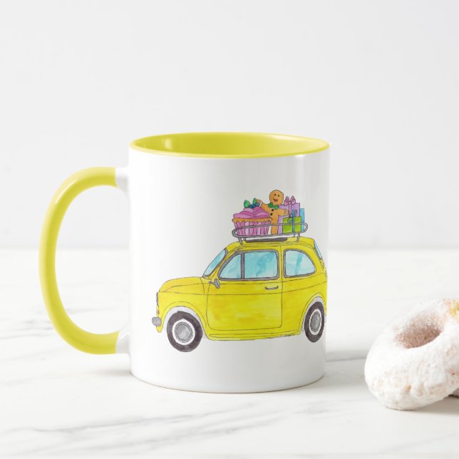 Caneca Refletor Amarelo Fiat 500 Presentes de Natal Aquar (Com Donut)