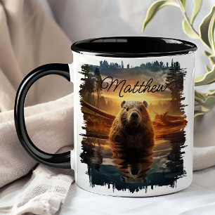 Caneca Reflexo do Lago ao Nascer do Sol com Castor