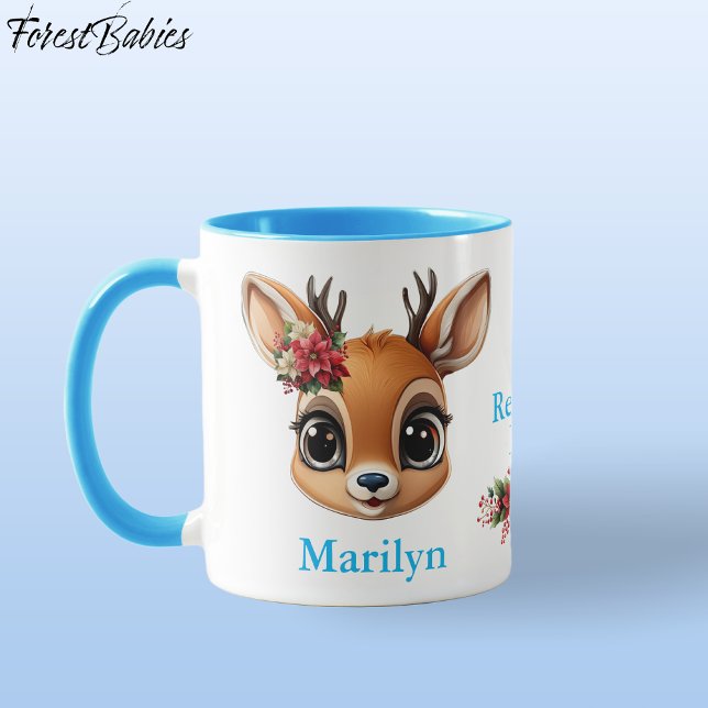 Caneca Reindeer Love, Deer Floral, Fawn Doe Poinsettia 🦌 (Custom Deer, Floral Fawn, Doe Antler, Reindeer Love Poinsettia Flowers Blue ForestBabies Mug 🦌)